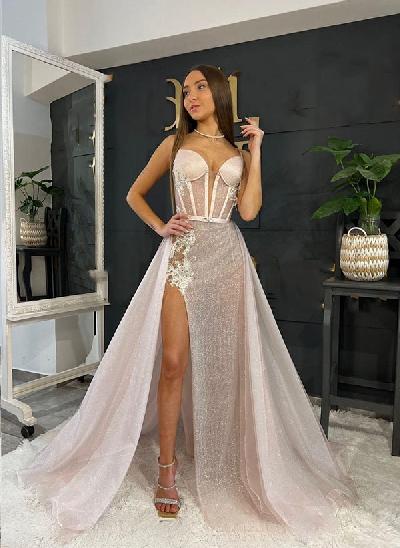 Sheath V-Neck Sleeveless Long Prom Dress With Detachable Sweep Train