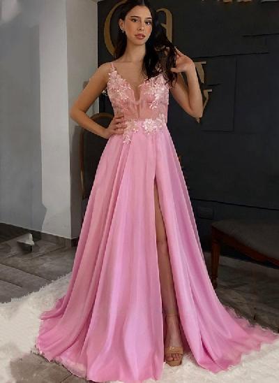 A-line V-Neck Chiffon Long Prom Dress With Appliques Lace