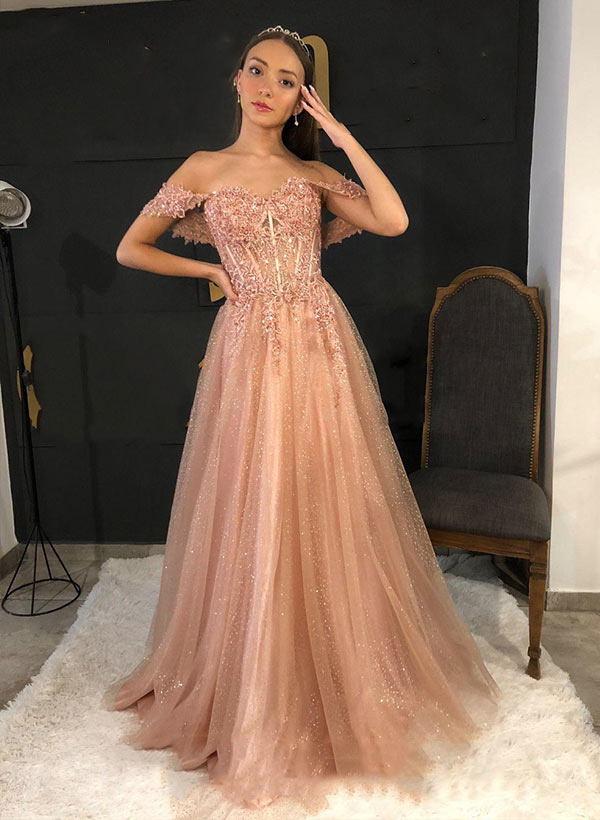 Off-the-Shoulder A-Line Tulle Prom Dress With Appliques Lace