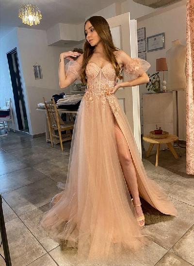 A-Line Sweetheart Neckline Long Prom Dress With Appliques Lace