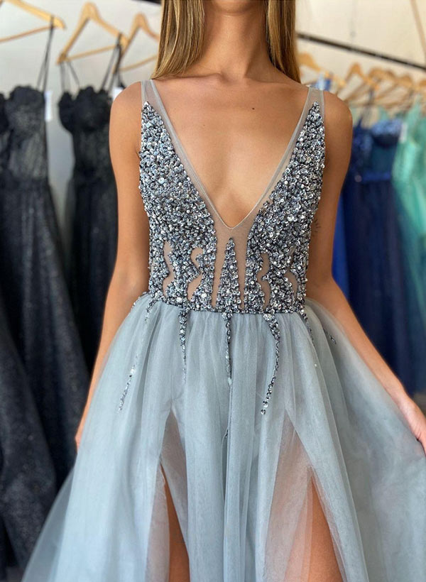 A-Line V-Neck Long Prom Dress With Split Front Beading