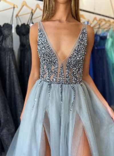 A-Line V-Neck Long Prom Dress With Split Front Beading