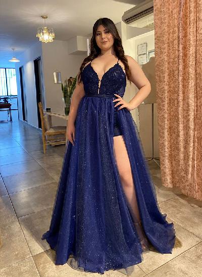 A-Line V Neck Long Prom Dress With Appliques Lace