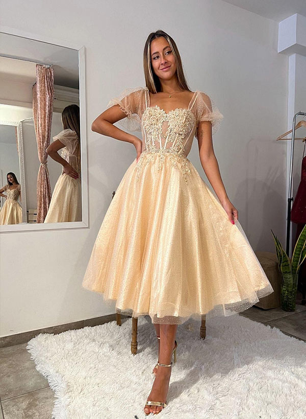 A-Line Tulle Tea Length Prom Dress With Appliques Lace