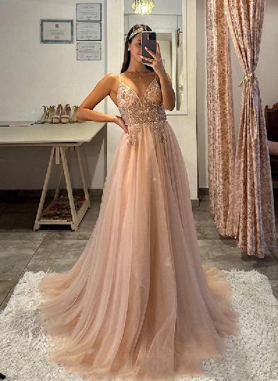 A-Line Tulle Long Prom Dress With Appliques Lace 