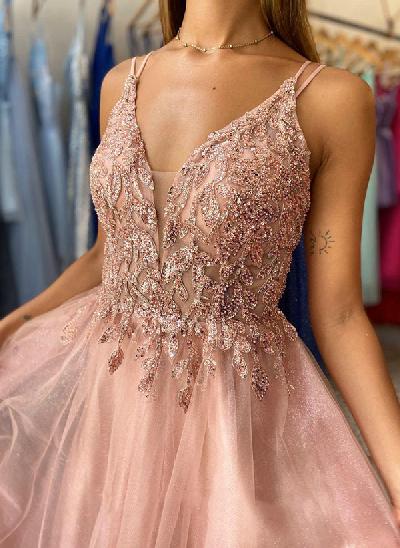 A-Line Tulle Prom Dress With Appliques Lace