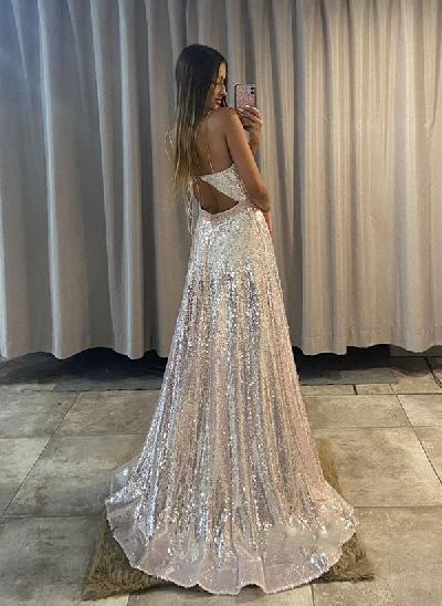 A-Line Spaghetti Straps Sequined Long Prom Dress