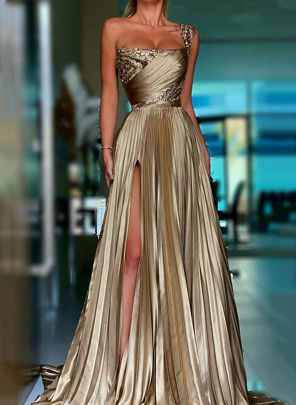 One Sholuder Satin Prom Dress With Sequined