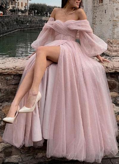 Princess Off-The-Shoulder Long Sleeves Tulle Prom Dress With Pleated Split