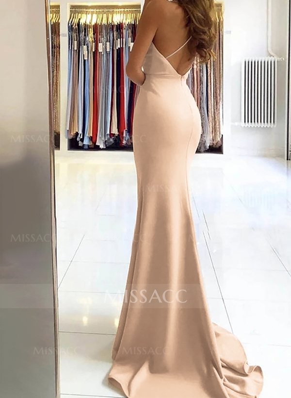 Cowl Neck Trumpet/Mermaid Open Back Prom Dresses With Split Front