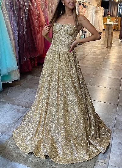 A-Line Sweetheart Sleeveless Sweep Train Sequined Prom Dresses With Sequins
