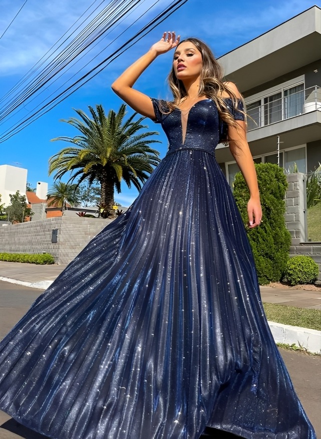 A-Line V-neck Sleeveless Sweep Train Prom Dresses With Pleated