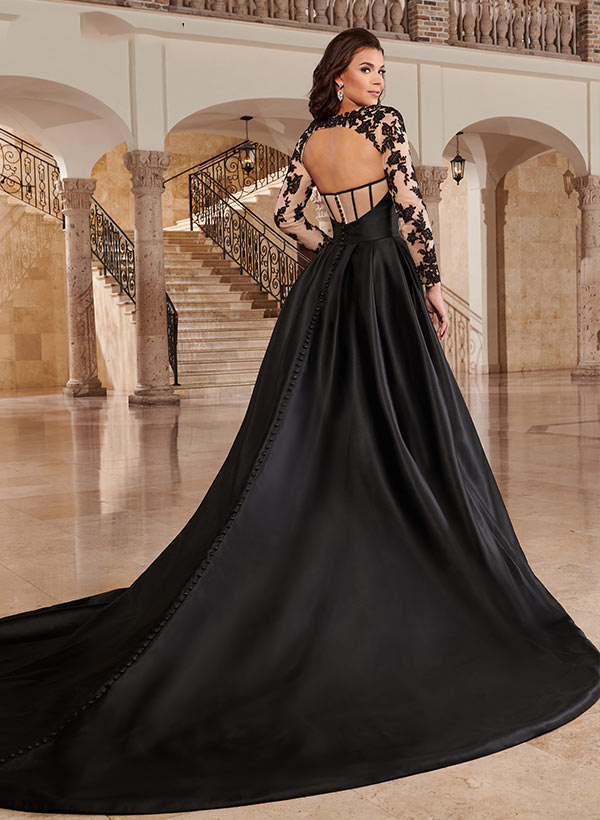 Ball-Gown Long Sleeves Court Train Lace/Satin Prom Dresses