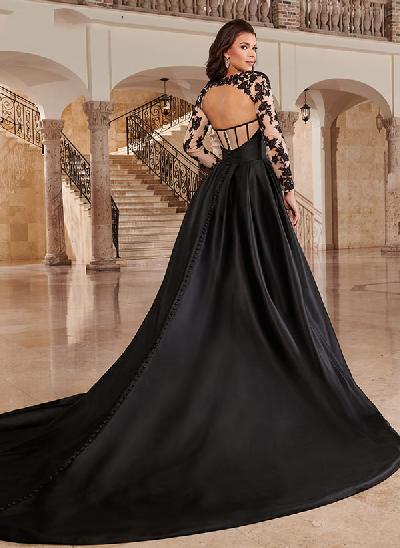 Ball-Gown Long Sleeves Court Train Lace/Satin Prom Dresses