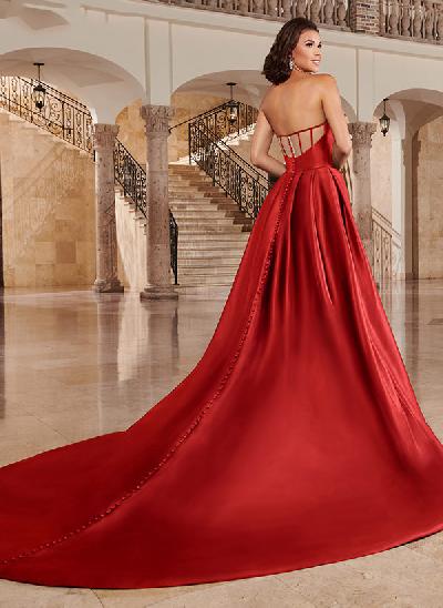 Ball-Gown Long Sleeves Court Train Lace/Satin Prom Dresses