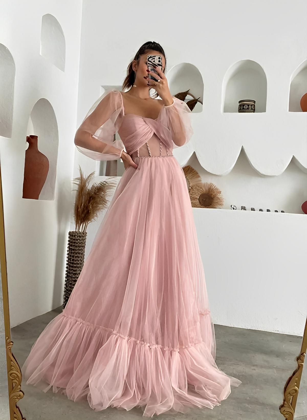 A-Line Sweetheart Long Sleeves Sweep Train Tulle Prom Dresses
