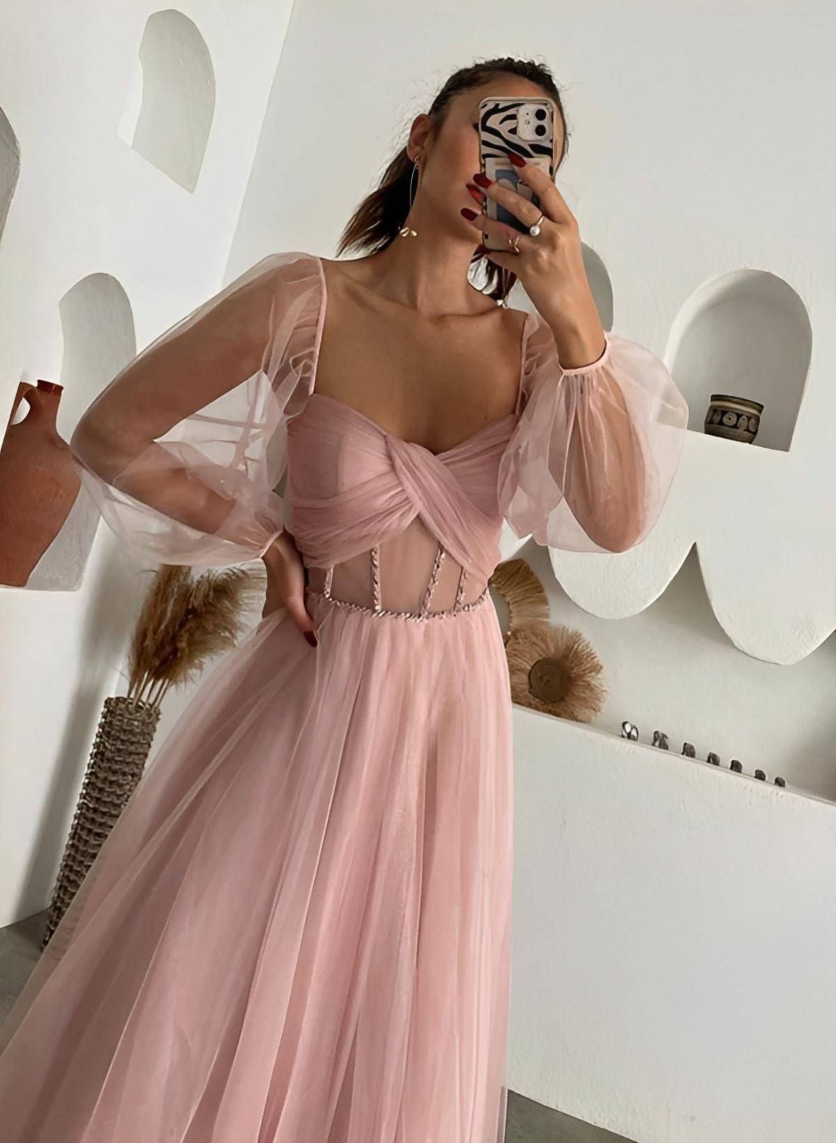 A-Line Sweetheart Long Sleeves Sweep Train Tulle Prom Dresses