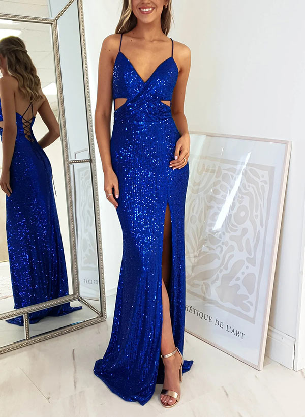Sheath V-neck Sleeveless Sweep Train Sequined Prom Dresses With Split Front