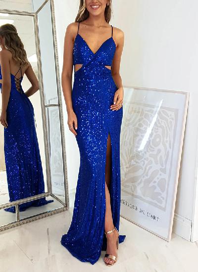 Sheath V-neck Sleeveless Sweep Train Sequined Prom Dresses With Split Front