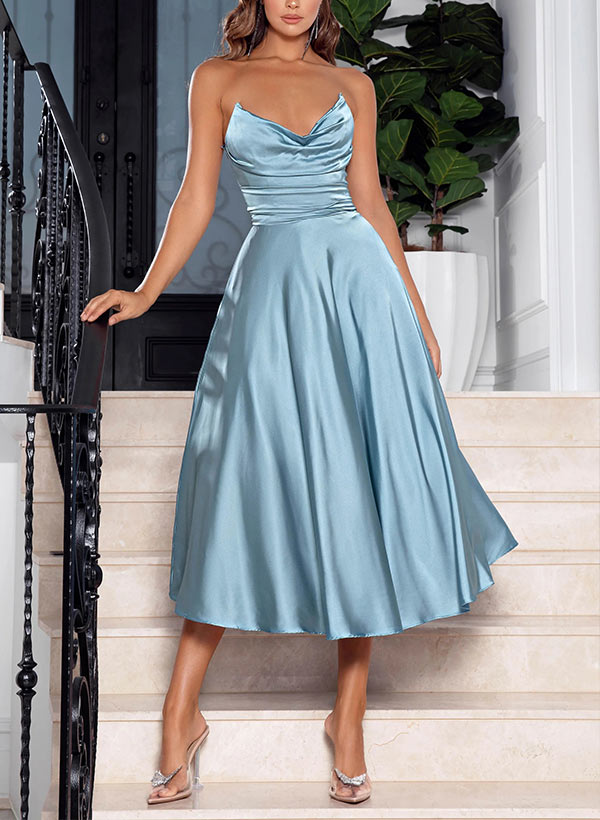 A-Line Strapless Sleeveless Tea-Length Elastic Satin Prom Dresses