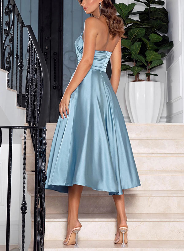 A-Line Strapless Sleeveless Tea-Length Elastic Satin Prom Dresses