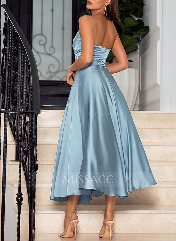 A-Line Strapless Sleeveless Tea-Length Elastic Satin Prom Dresses