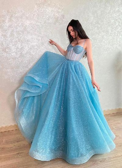 A-Line Sweetheart Sleeveless Sweep Train Tulle Prom Dresses