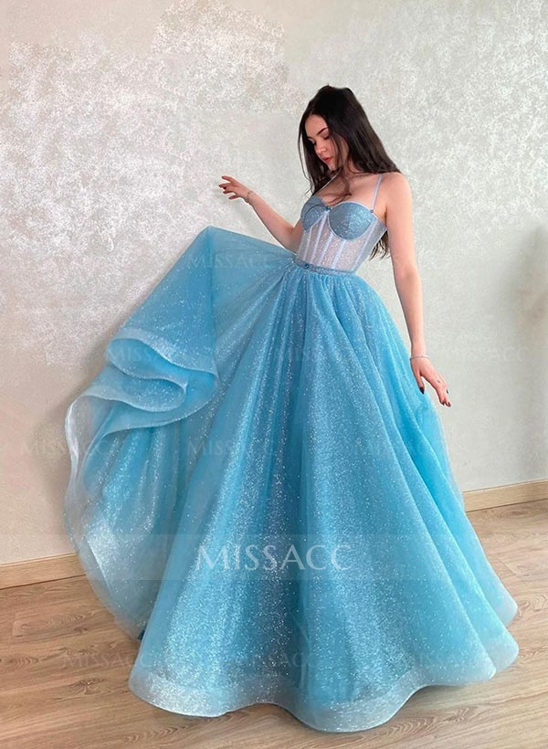 A-Line Sweetheart Sleeveless Sweep Train Tulle Prom Dresses