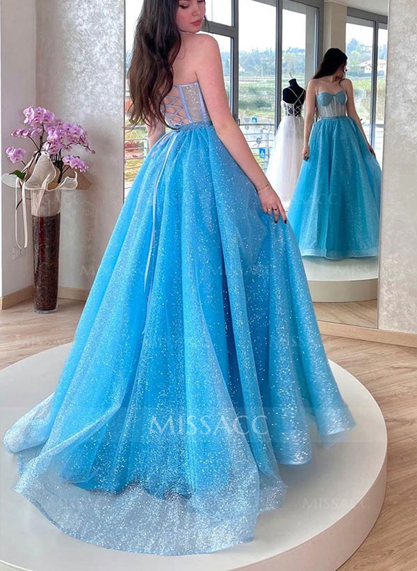 A-Line Sweetheart Sleeveless Sweep Train Tulle Prom Dresses