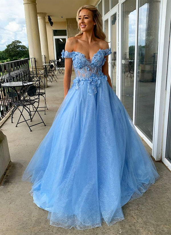 Ball-Gown Off-the-Shoulder Sleeveless Tulle Prom Dresses With Appliques Lace