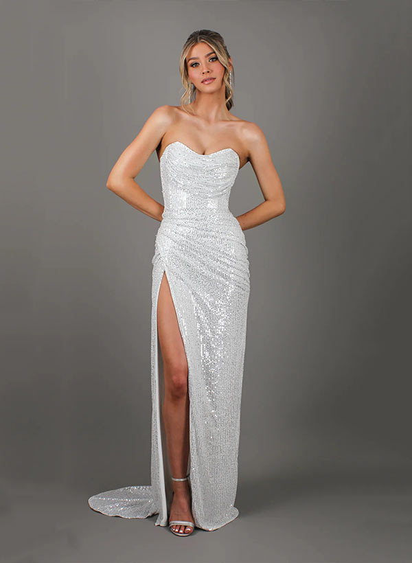Sheath/Column Cowl Neck Sleeveless Sequined Prom Dresses With High Split