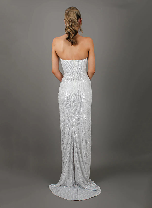 Sheath/Column Cowl Neck Sleeveless Sequined Prom Dresses With Split Front