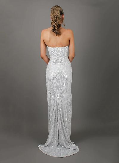 Sheath/Column Cowl Neck Sleeveless Sequined Prom Dresses With High Split