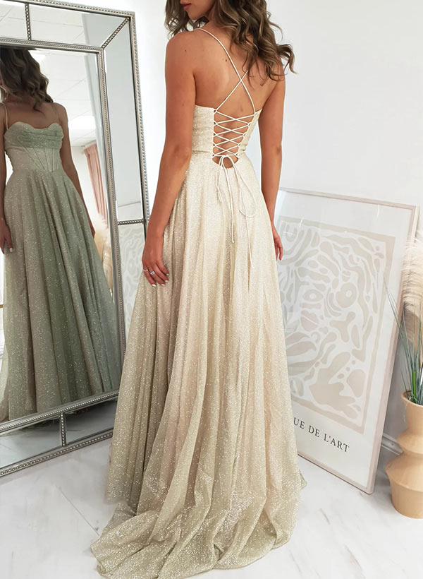 A-Line Cowl Neck Sleeveless Tulle Prom Dresses With Split Front/Pockets