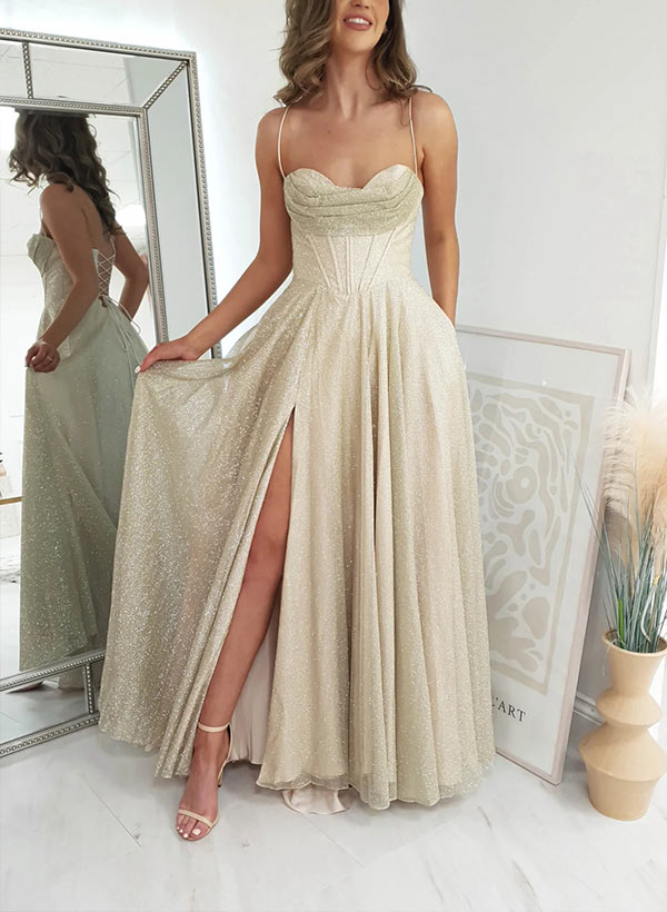 A-Line Cowl Neck Sleeveless Tulle Prom Dresses With Split Front/Pockets