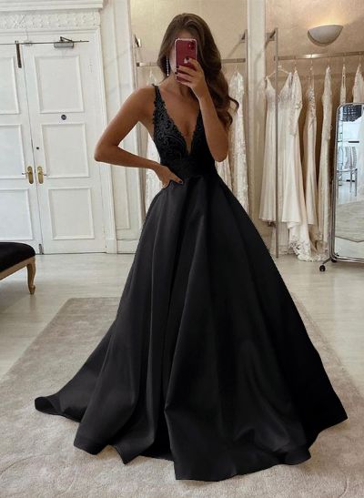 A-Line V-Neck Sleeveless Sweep Train Satin Prom Dresses With Lace