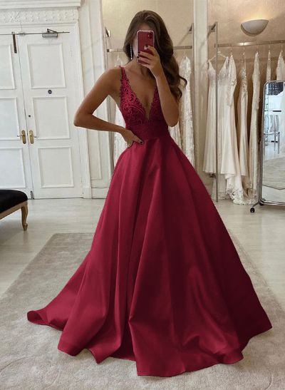 A-Line V-Neck Sleeveless Sweep Train Satin Prom Dresses With Lace