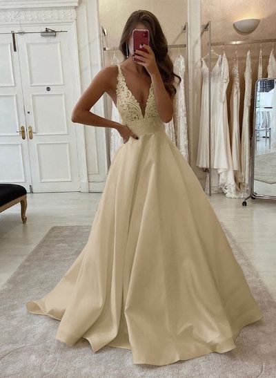 A-Line V-Neck Sleeveless Sweep Train Satin Prom Dresses With Lace