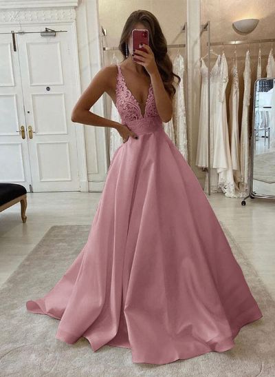 A-Line V-Neck Sleeveless Sweep Train Satin Prom Dresses With Lace