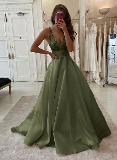 A-Line V-Neck Sleeveless Sweep Train Satin Prom Dresses With Lace