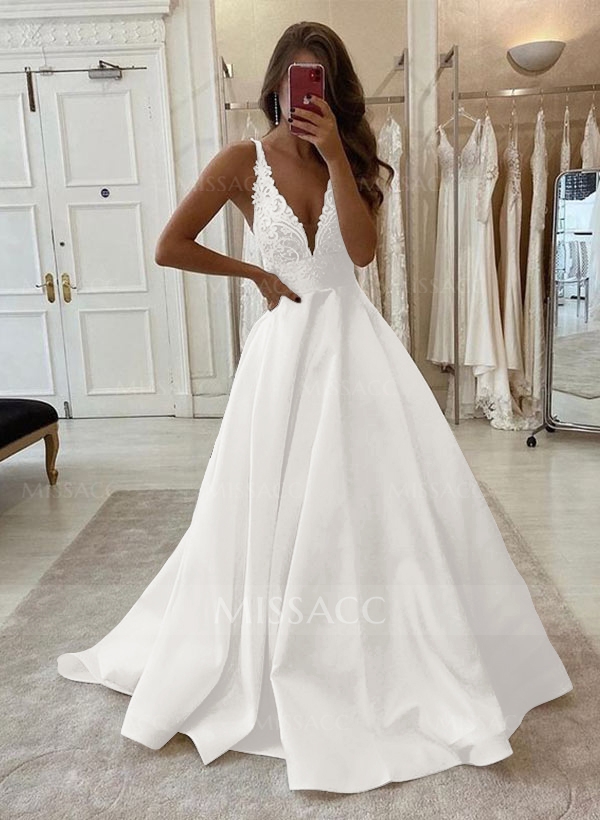 A-Line V-Neck Sleeveless Sweep Train Satin Prom Dresses With Lace