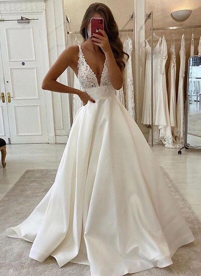 A-Line V-Neck Sleeveless Sweep Train Satin Prom Dresses With Lace