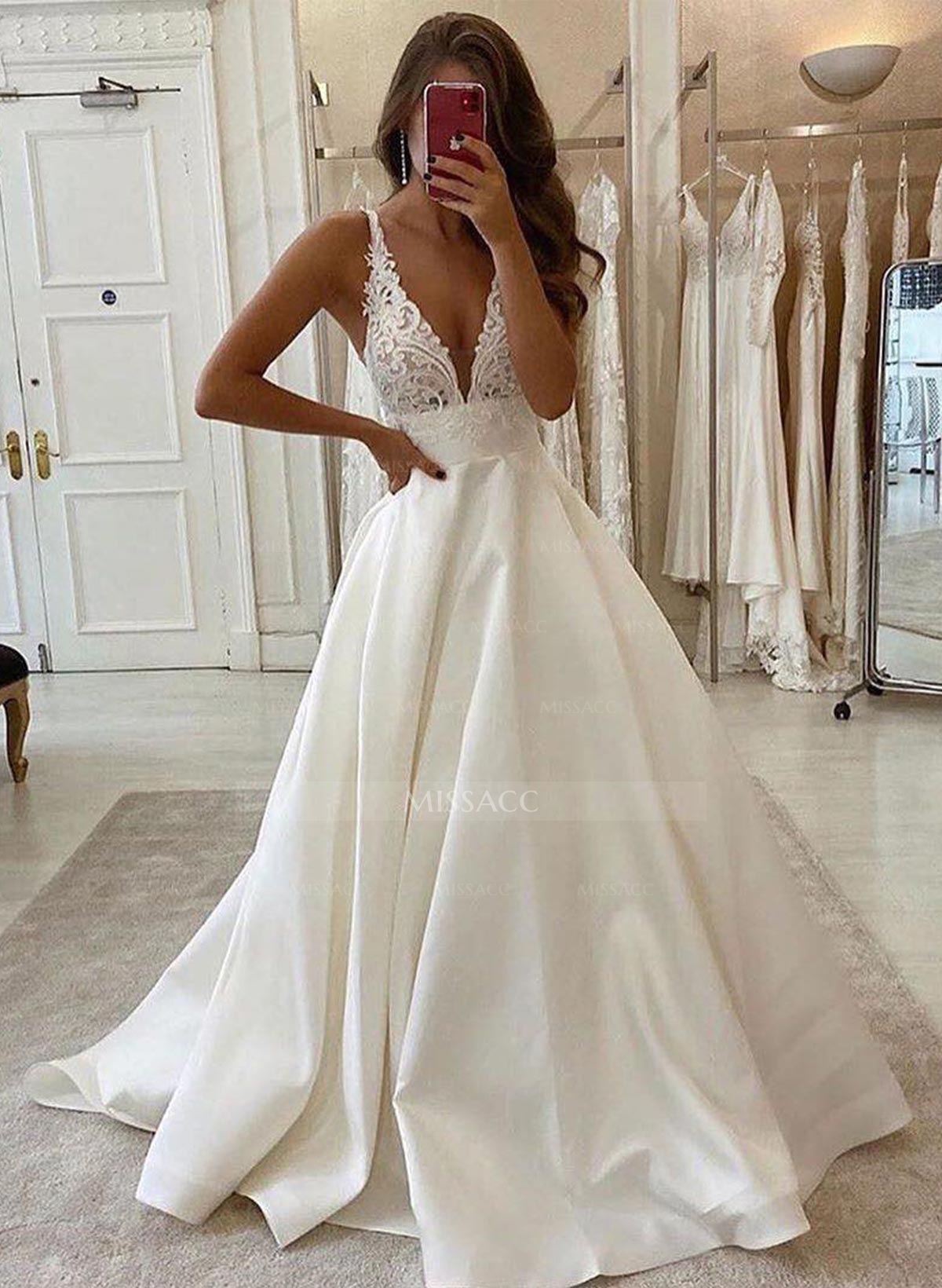 A-Line V-Neck Sleeveless Sweep Train Satin Prom Dresses With Lace