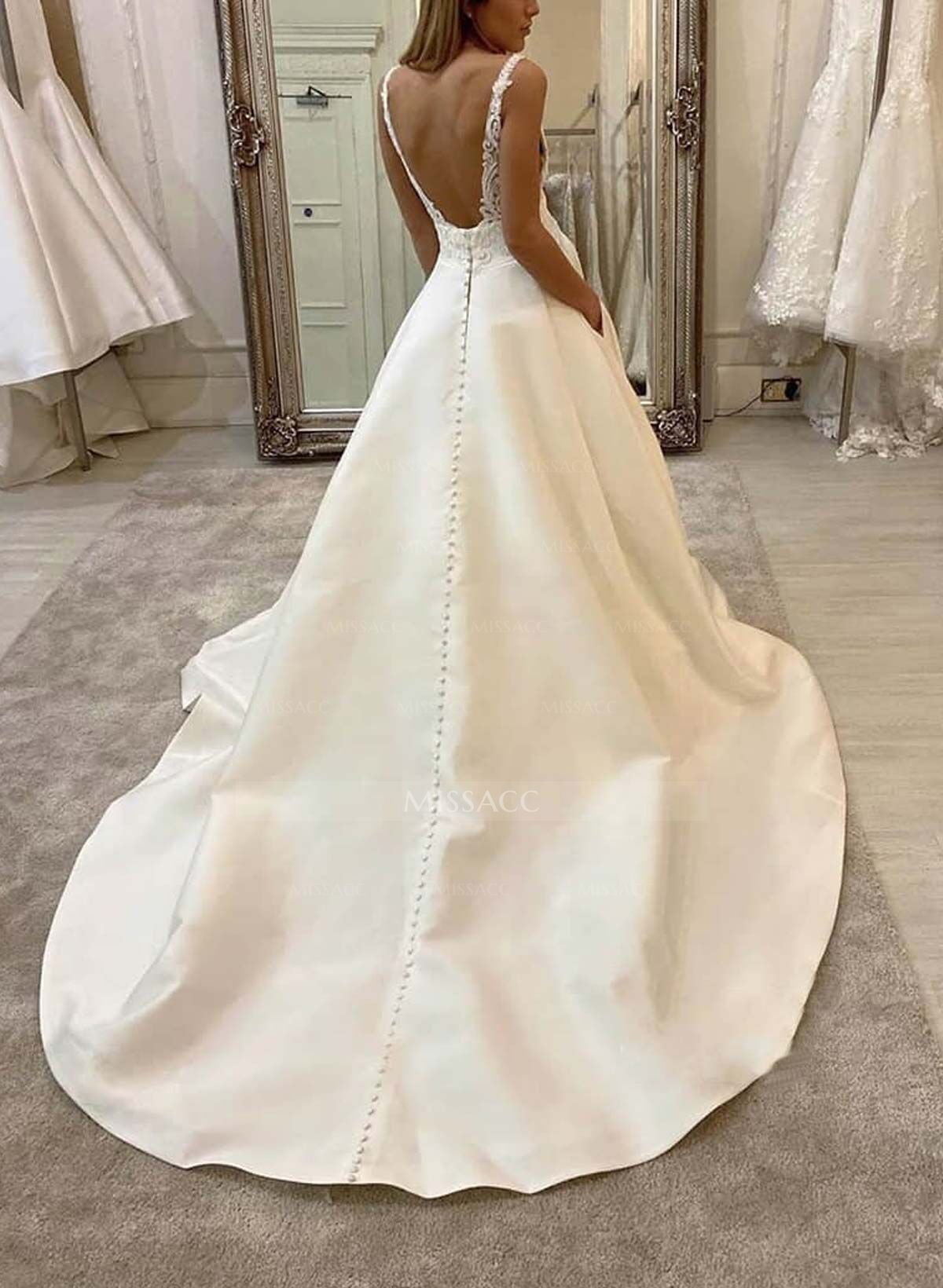 A-Line V-Neck Sleeveless Sweep Train Satin Prom Dresses With Lace