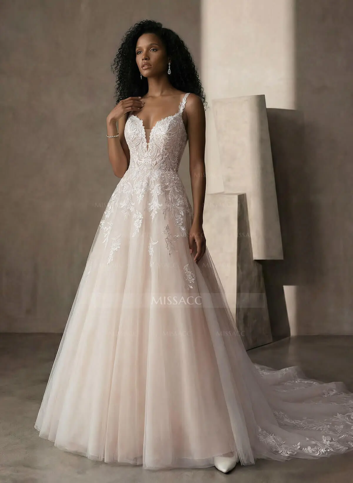 A-Line Gown Lace Wedding Dress With V-Neckline - Missacc Australia