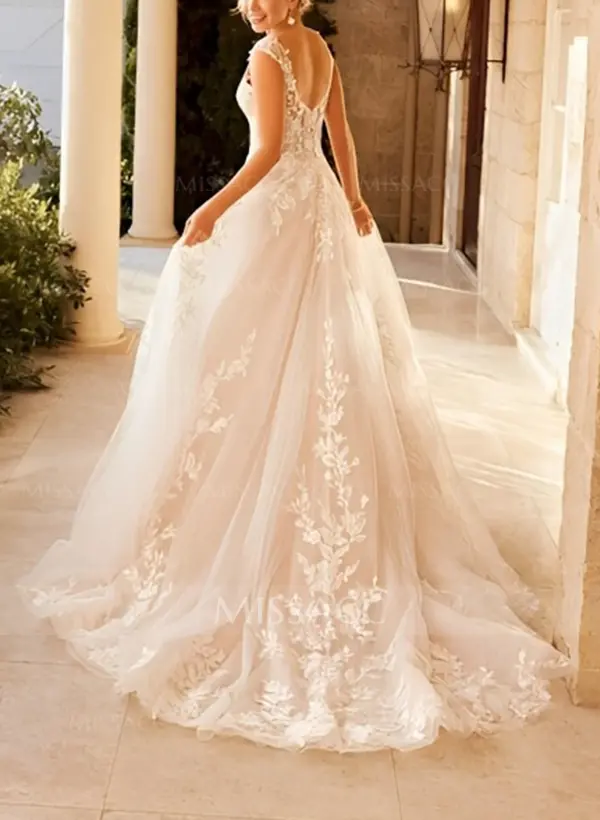 Bohemian V-Neck Bridal Gown With Illusion Back - Missacc