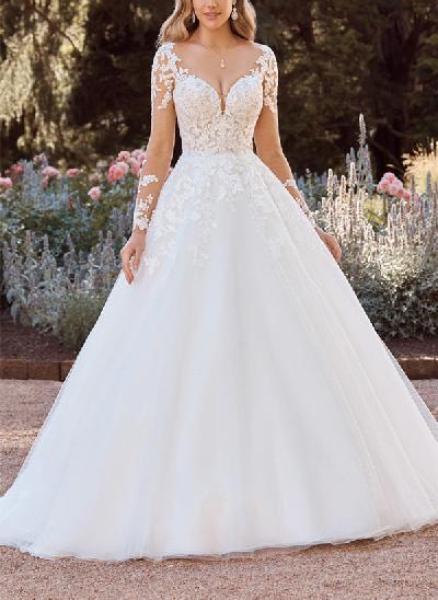 Modern Lace Ball Gown Wedding Dress With Long Sleeves