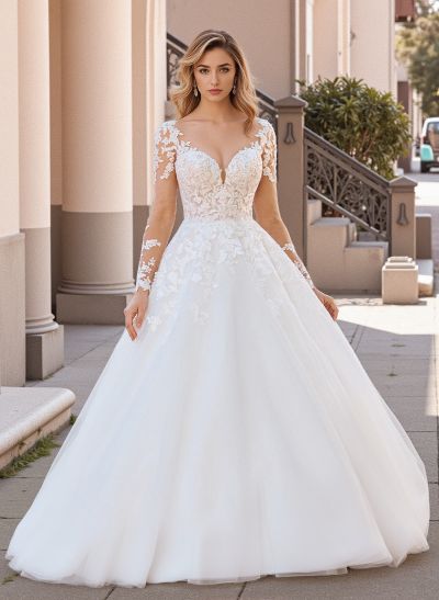 Modern Lace Ball Gown Wedding Dress With Long Sleeves