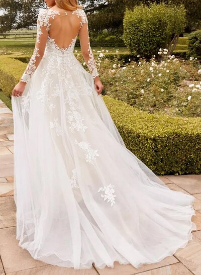 Modern Lace Ball Gown Wedding Dress With Long Sleeves