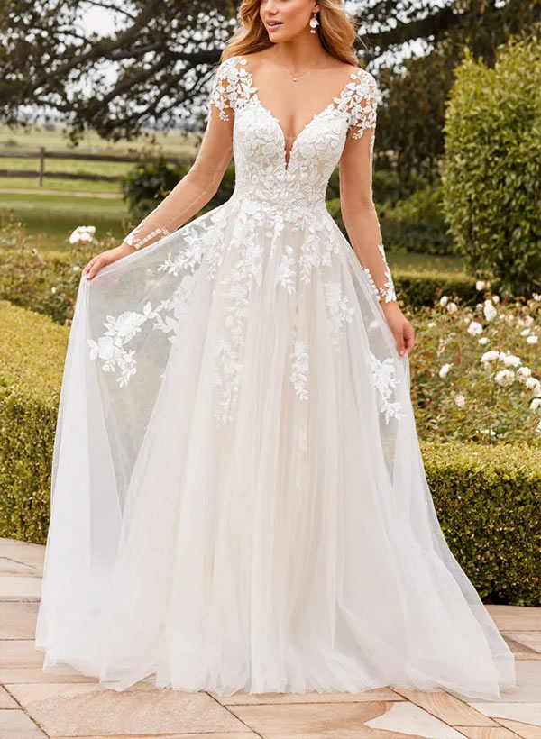 Hole Back A-Line Wedding Dress With Illusion Long Sleeves